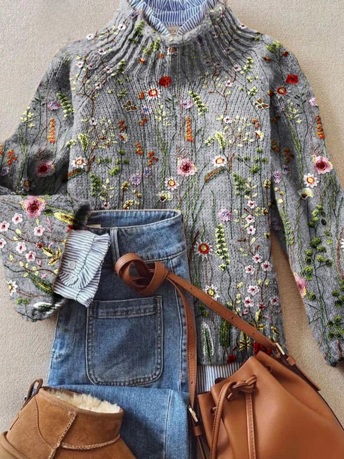 Maurine | Women's Loose-Fit Cotton Ribbed Floral Knit Sweater Pullover for Layering
