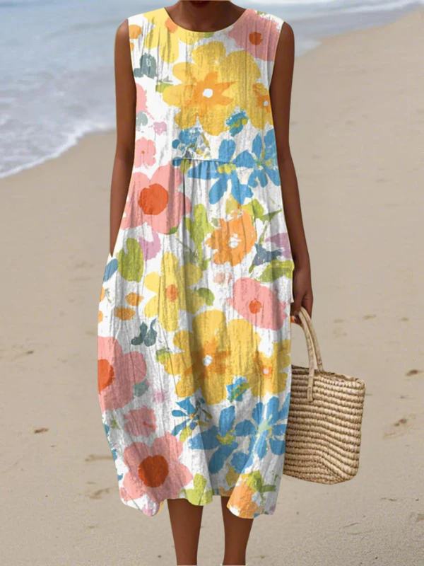 Juna | Women's Ella Pastel Floral Midi Dress with Sleeveless Elegant Everyday