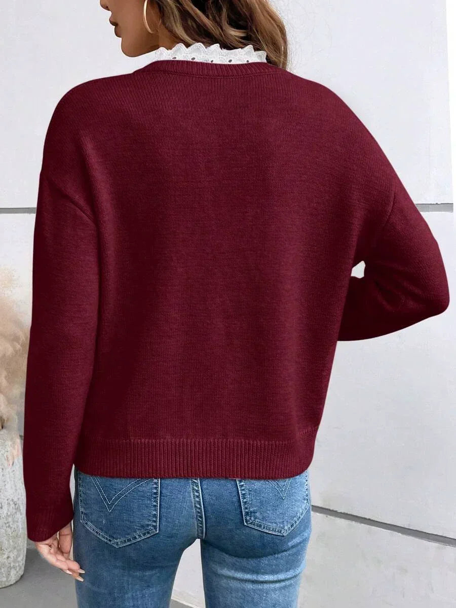 Maria | Women's French Collar Blouse with Long-Sleeve Lace Casual Everyday Elegant