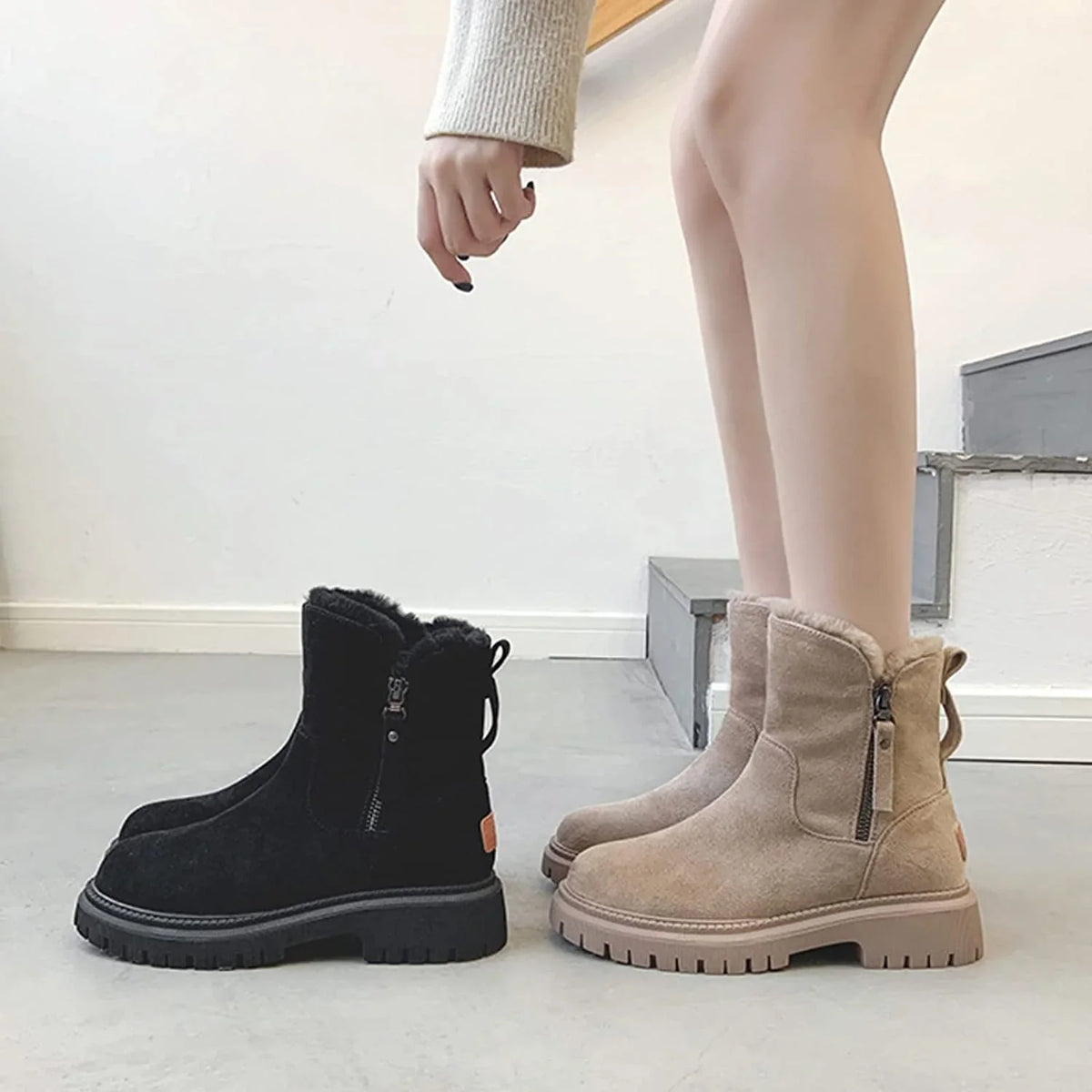 Iris | Women's Fur Lined Winter Ankle with Chunky Suede Comfortable Casual