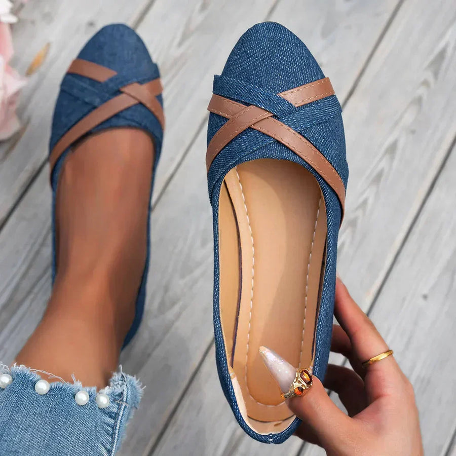 Freya | Women's Denim Ballet Flats Slip On with Pointed-Toe Comfortable Casual