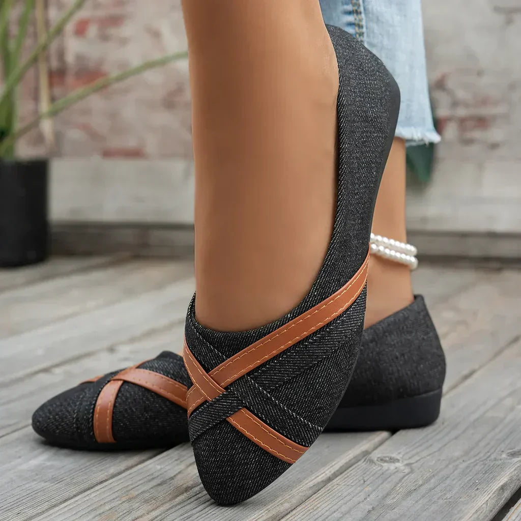 Freya | Women's Denim Ballet Flats Slip On with Pointed-Toe Comfortable Casual