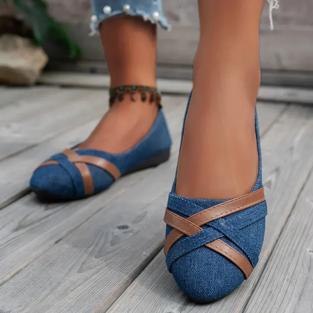 Freya | Women's Denim Ballet Flats Slip On with Pointed-Toe Comfortable Casual