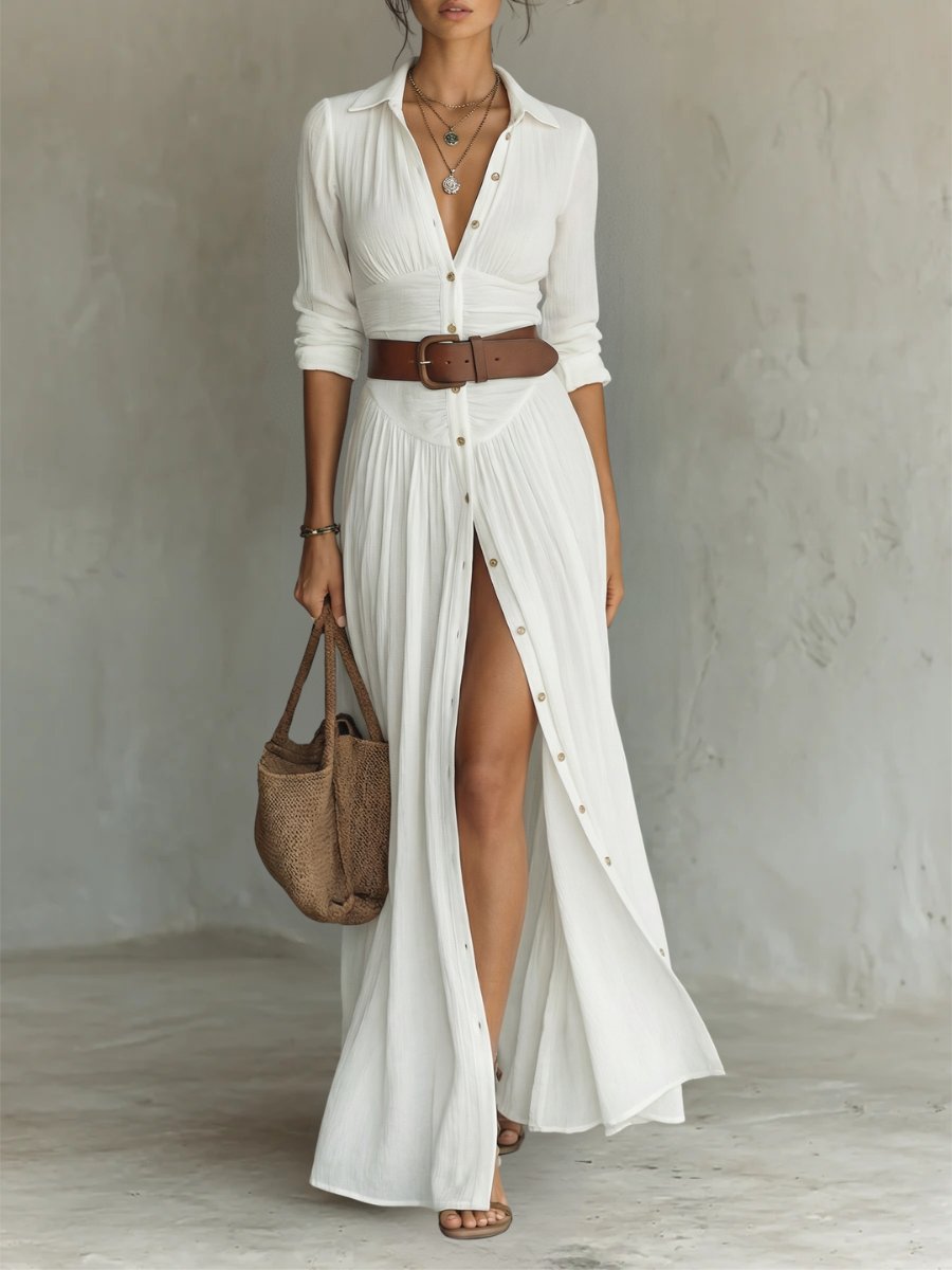 Hanne | Women's Button Front Belted Long Sleeve Maxi Shirt Dress Gown for Evening