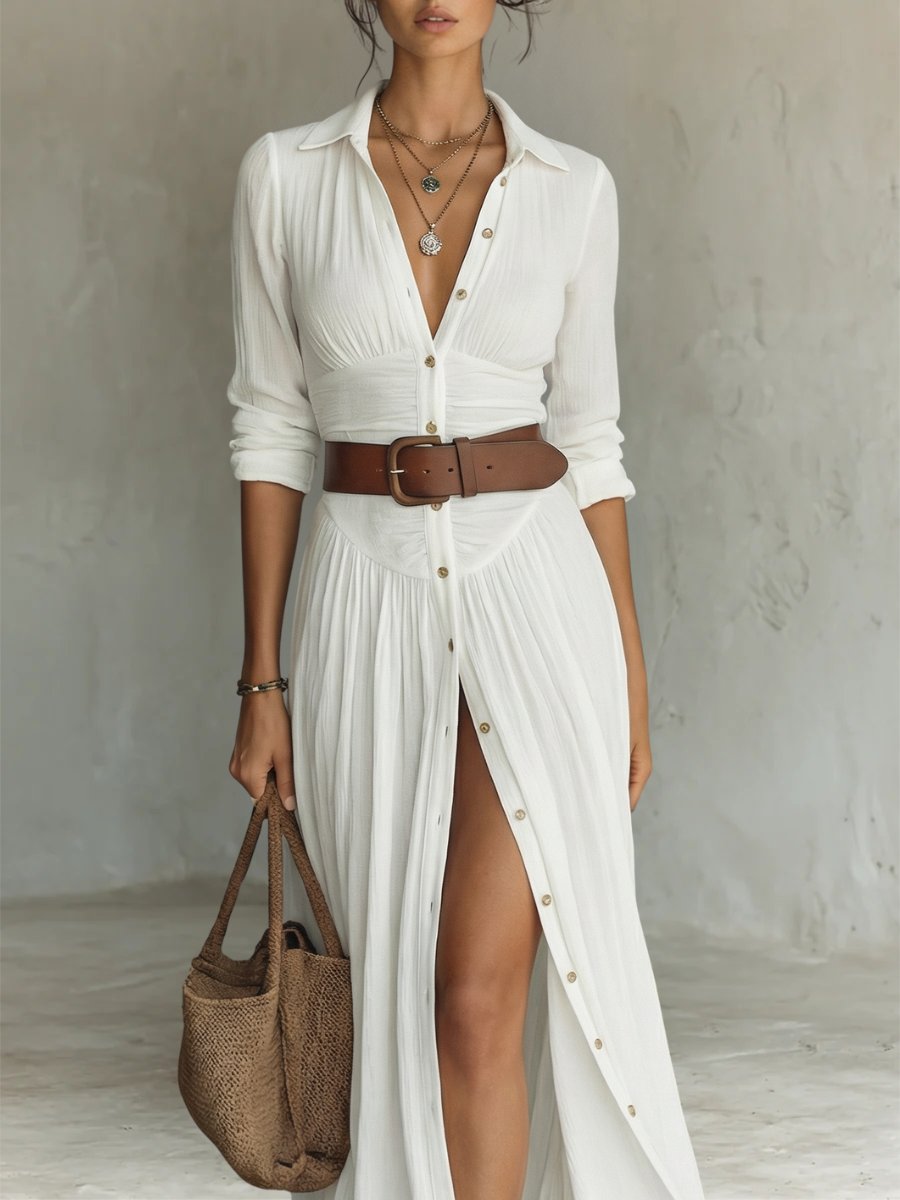 Hanne | Women's Button Front Belted Long Sleeve Maxi Shirt Dress Gown for Evening