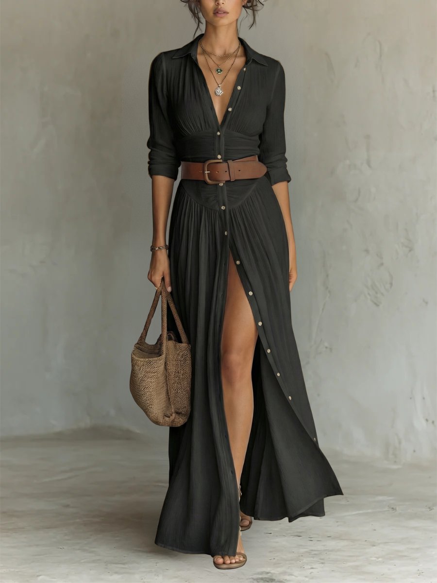 Hanne | Women's Button Front Belted Long Sleeve Maxi Shirt Dress Gown for Evening
