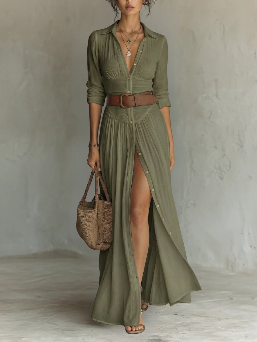 Hanne | Women's Button Front Belted Long Sleeve Maxi Shirt Dress Gown for Evening
