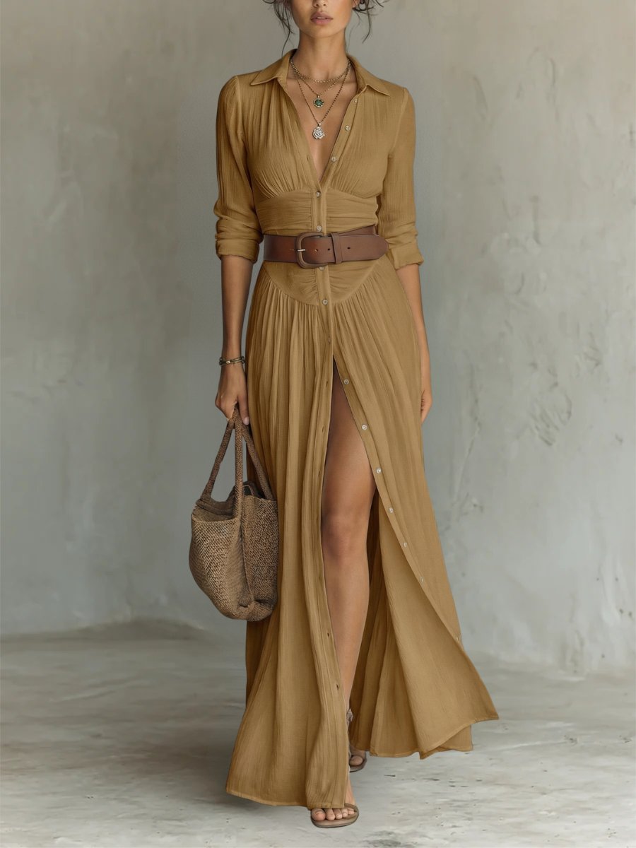 Hanne | Women's Button Front Belted Long Sleeve Maxi Shirt Dress Gown for Evening