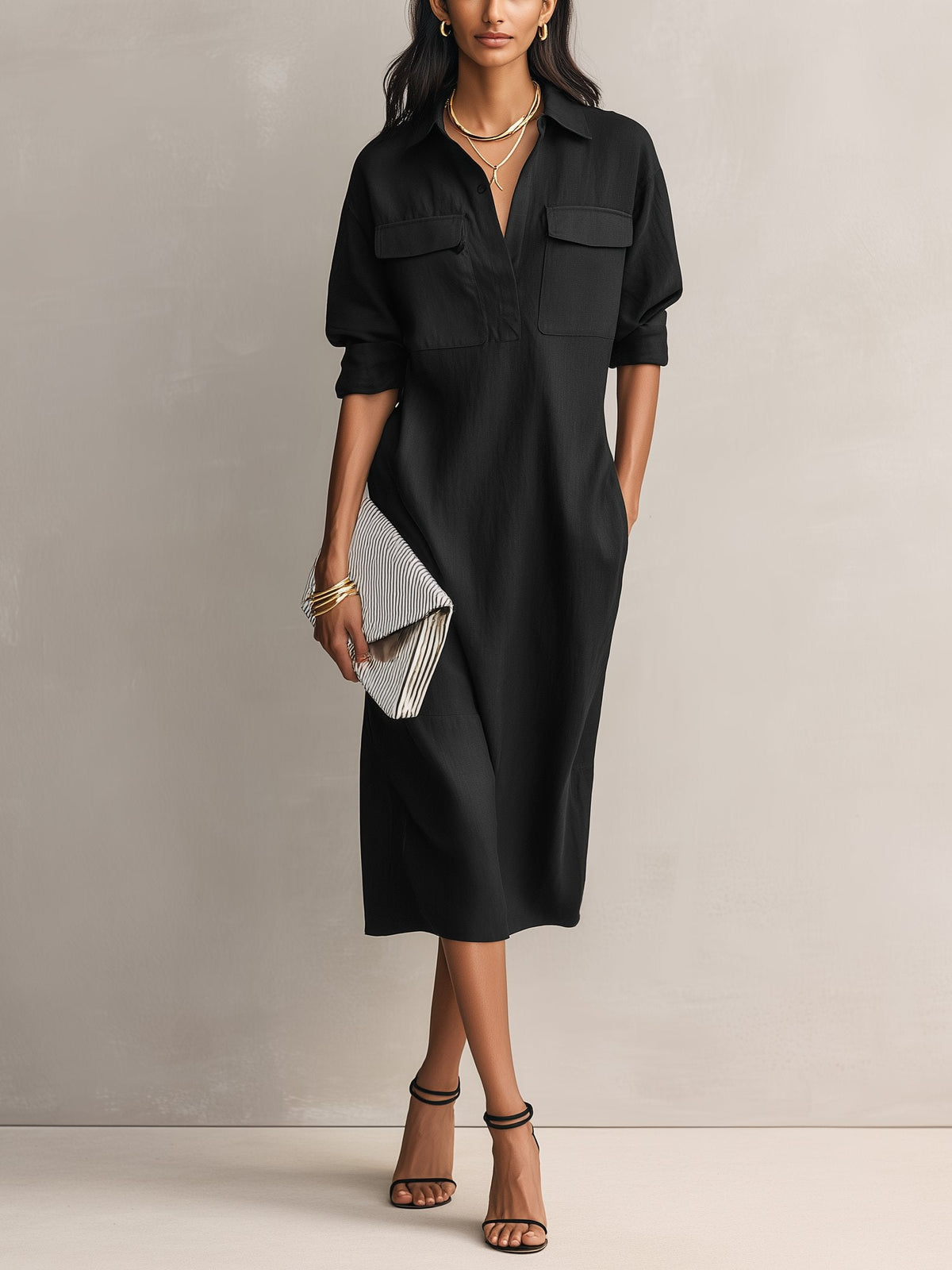 Yara | Women's Collared V Neck Linen Shirt Dress with Cotton Elegant
