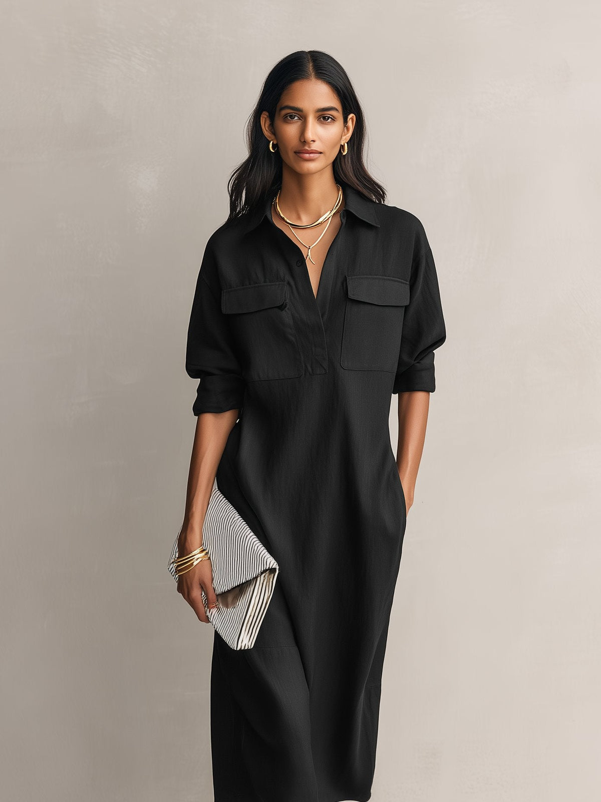 Yara | Women's Collared V Neck Linen Shirt Dress with Cotton Elegant