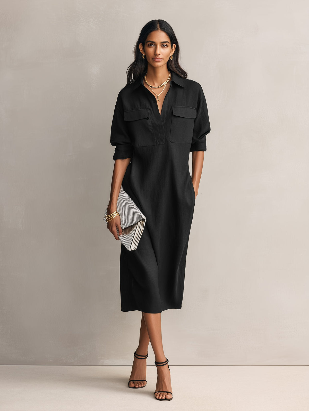 Yara | Women's Collared V Neck Linen Shirt Dress with Cotton Elegant