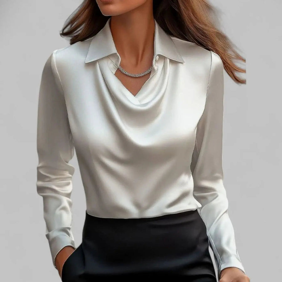 Evelyn | Women's Draped Cowl Neck Long Sleeve Satin Blouses with Silk for Evening