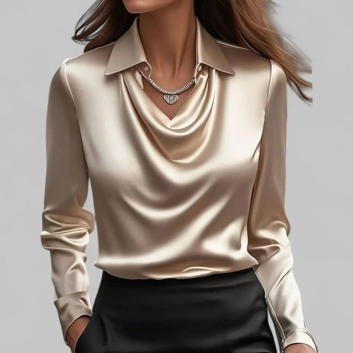 Evelyn | Women's Draped Cowl Neck Long Sleeve Satin Blouses with Silk for Evening