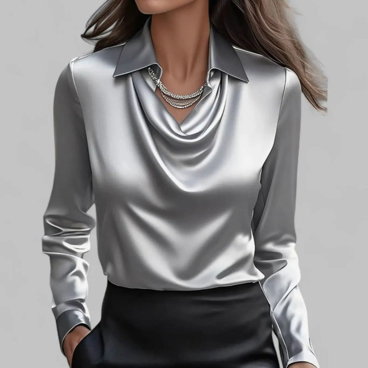 Evelyn | Women's Draped Cowl Neck Long Sleeve Satin Blouses with Silk for Evening