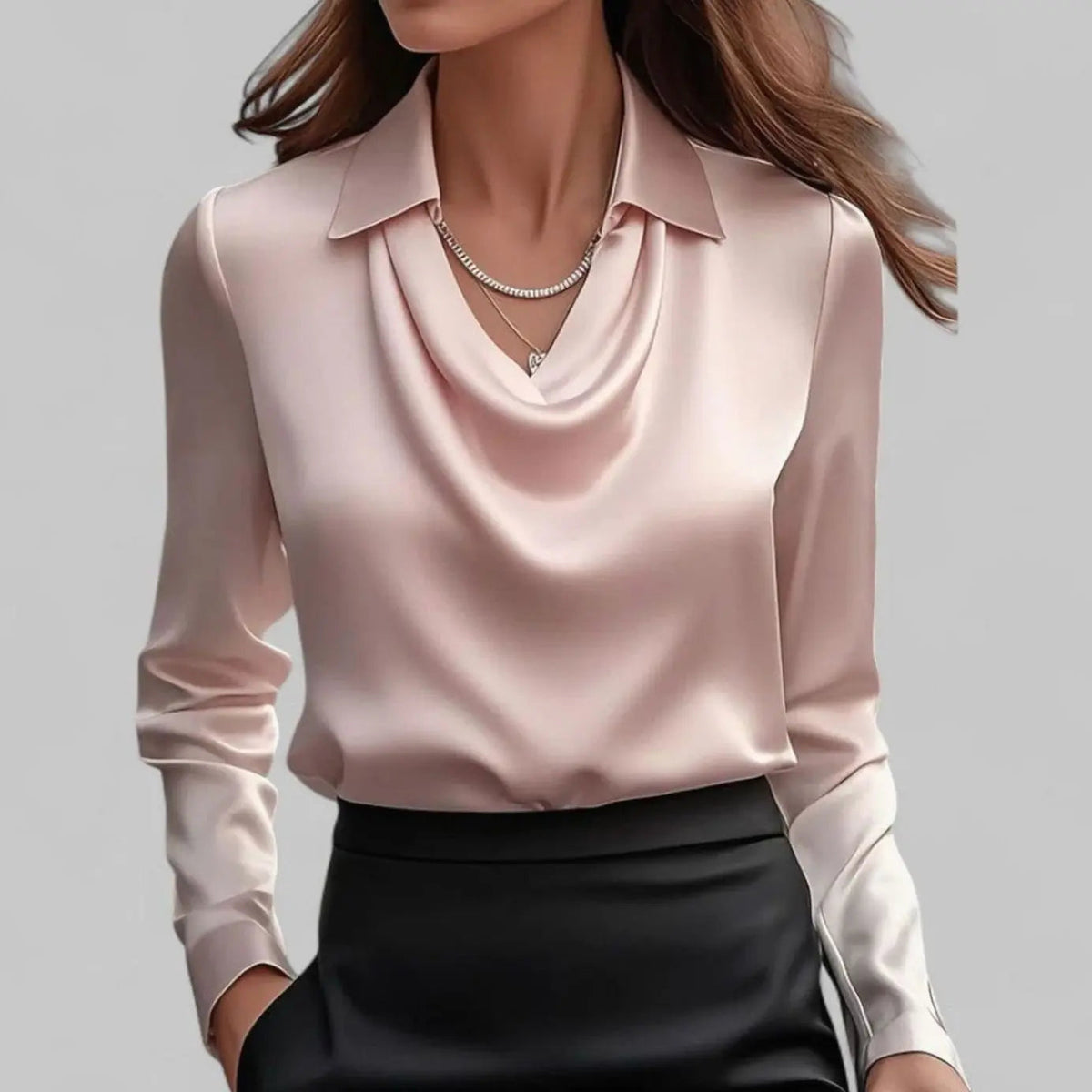 Evelyn | Women's Draped Cowl Neck Long Sleeve Satin Blouses with Silk for Evening