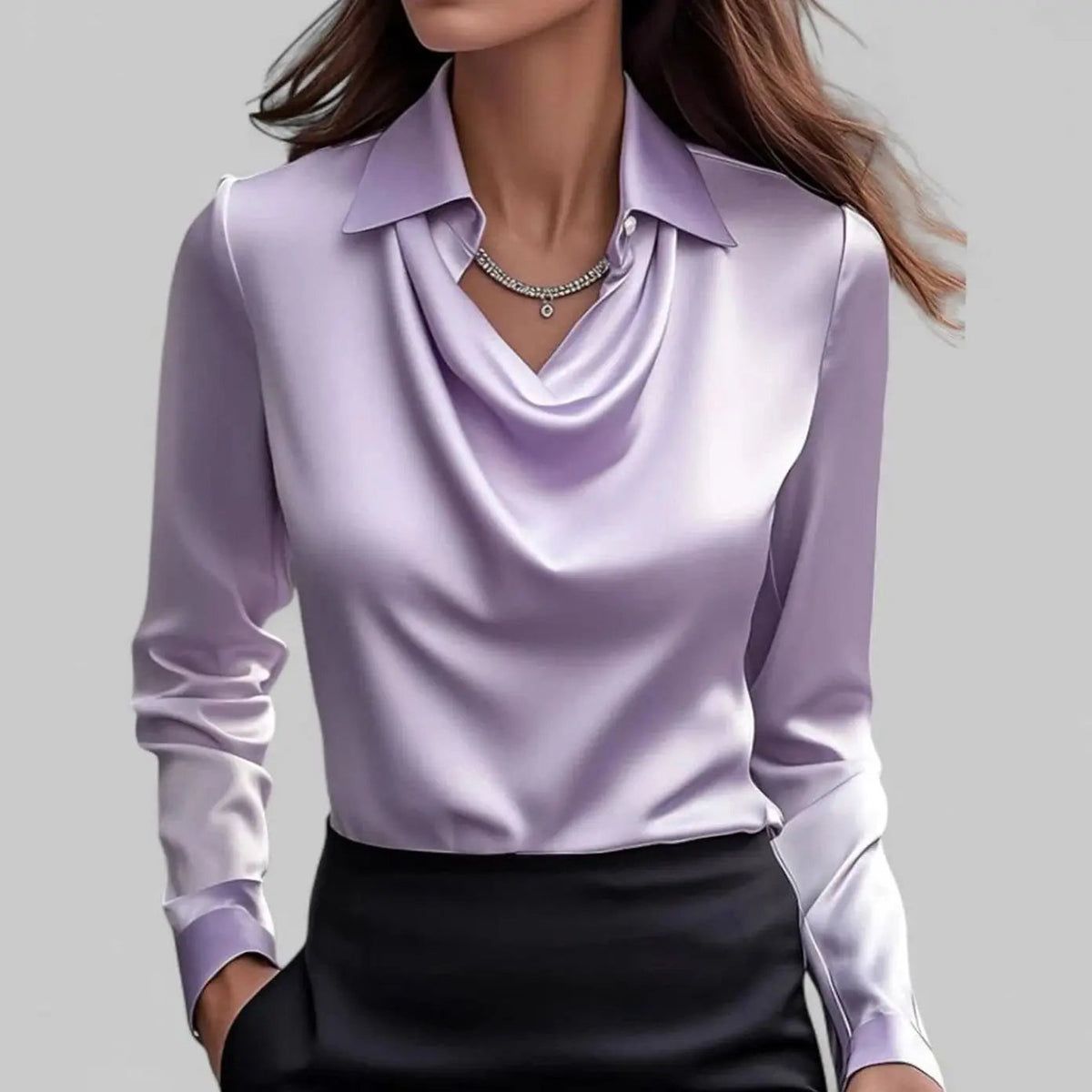 Evelyn | Women's Draped Cowl Neck Long Sleeve Satin Blouses with Silk for Evening