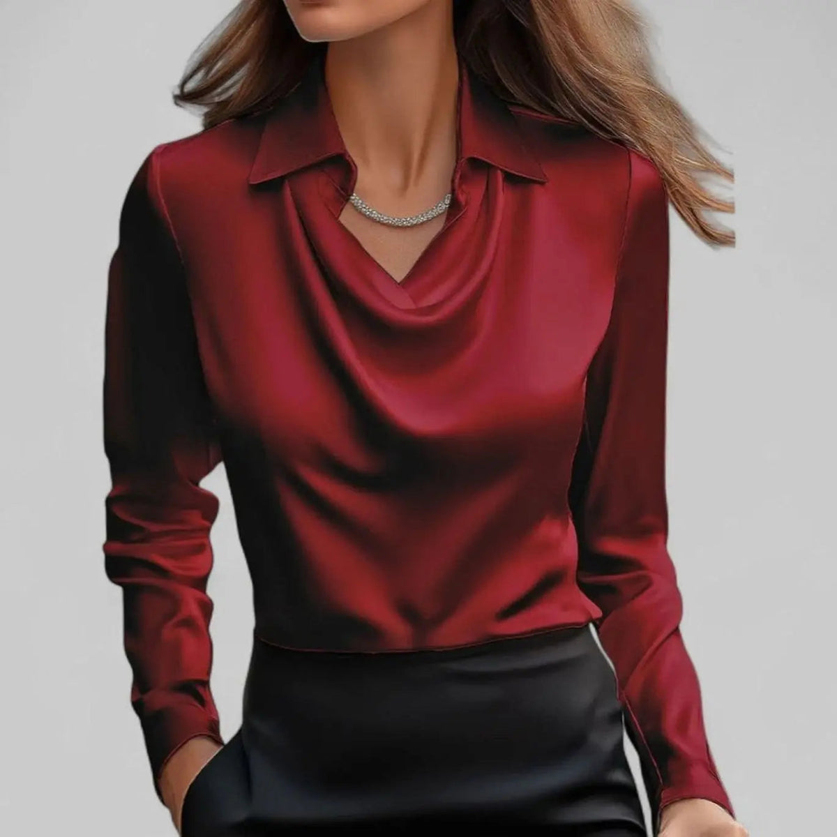 Evelyn | Women's Draped Cowl Neck Long Sleeve Satin Blouses with Silk for Evening