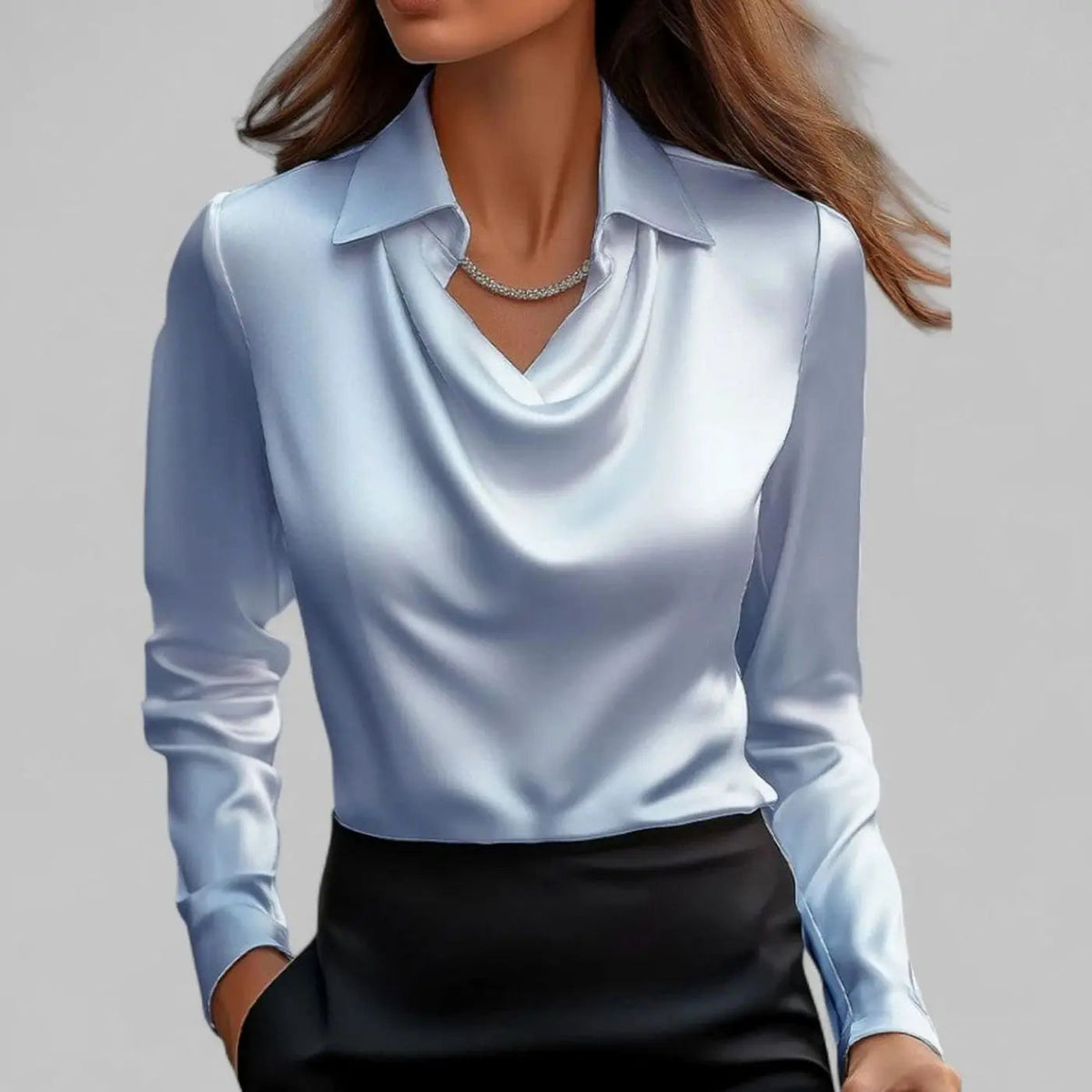 Evelyn | Women's Draped Cowl Neck Long Sleeve Satin Blouses with Silk for Evening