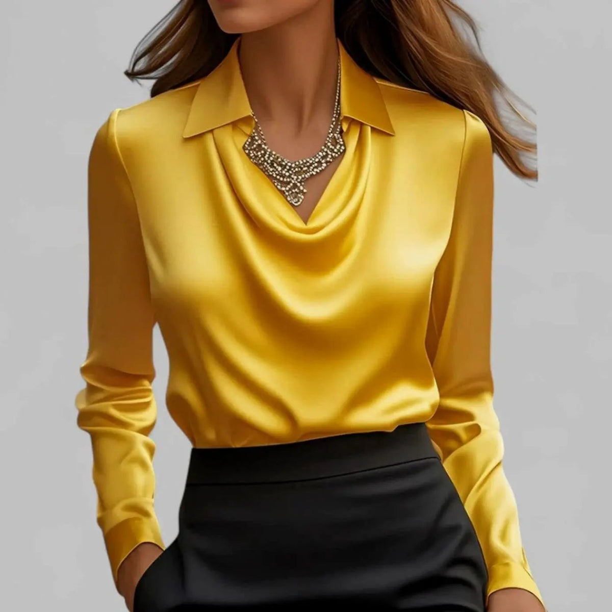 Evelyn | Women's Draped Cowl Neck Long Sleeve Satin Blouses with Silk for Evening