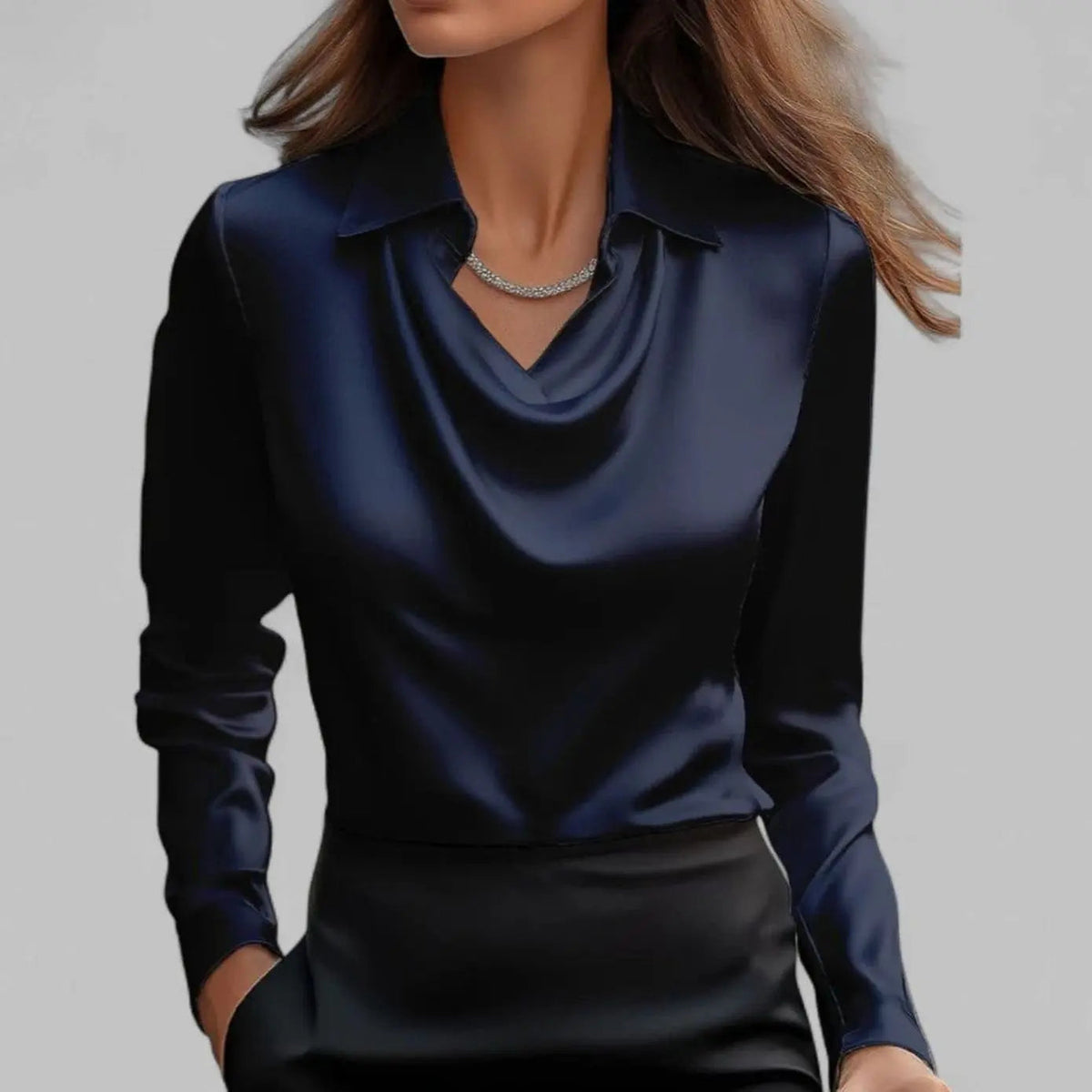 Evelyn | Women's Draped Cowl Neck Long Sleeve Satin Blouses with Silk for Evening