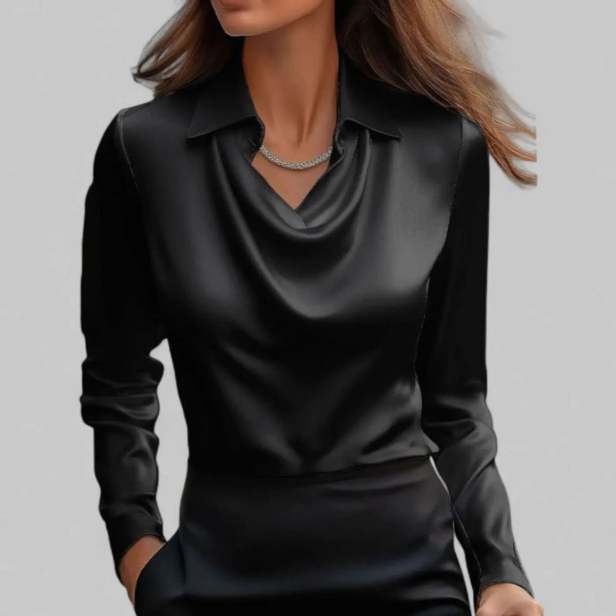 Evelyn | Women's Draped Cowl Neck Long Sleeve Satin Blouses with Silk for Evening