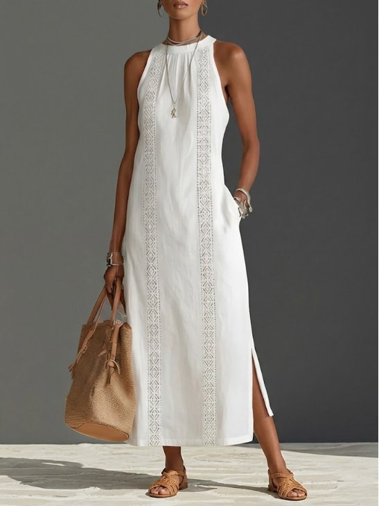 Roos | Women's Embroidered Sleeveless Round Neck Midi Dress Gown for Evening