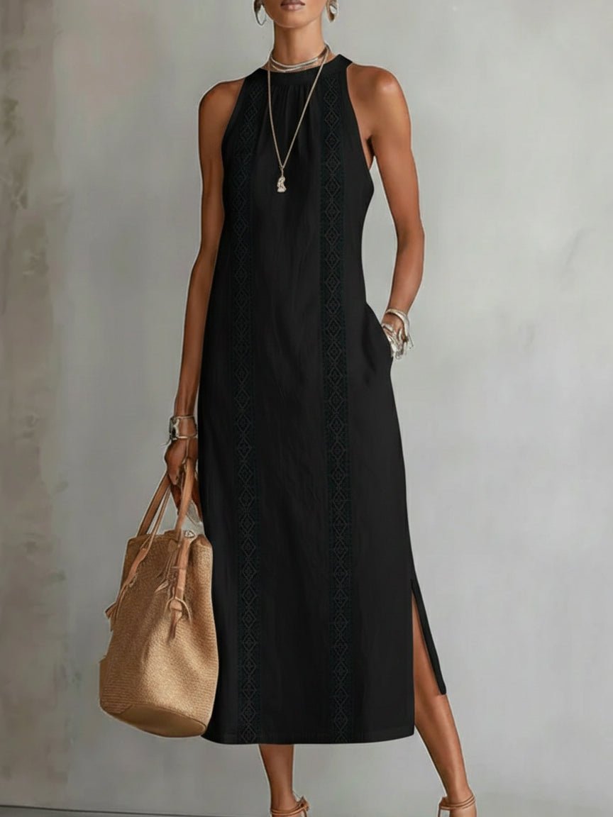 Roos | Women's Embroidered Sleeveless Round Neck Midi Dress Gown for Evening