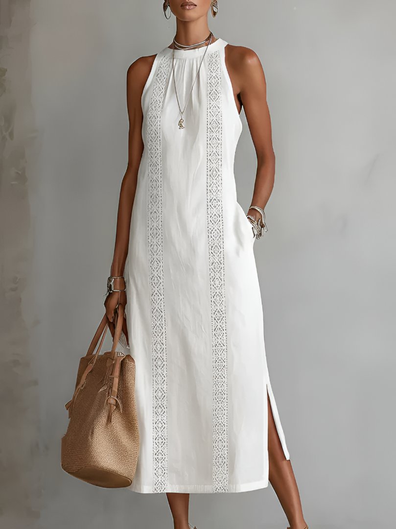 Roos | Women's Embroidered Sleeveless Round Neck Midi Dress Gown for Evening
