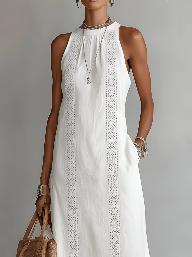 Roos | Women's Embroidered Sleeveless Round Neck Midi Dress Gown for Evening