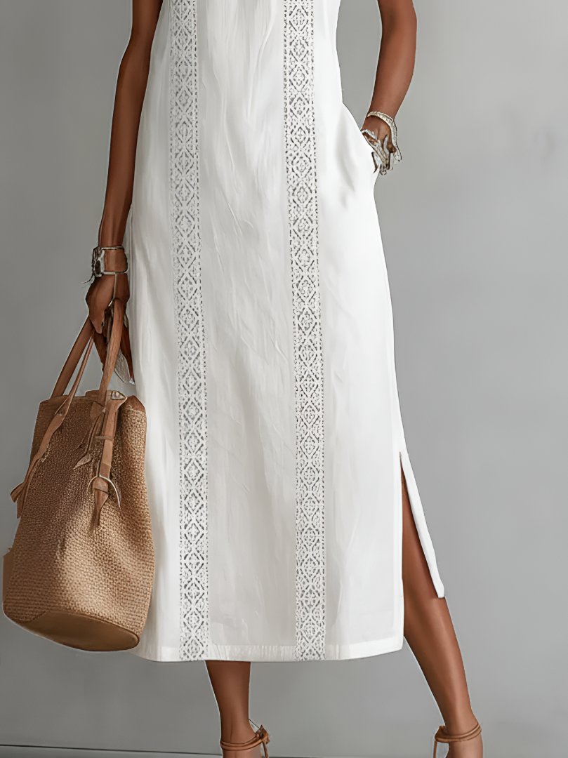 Roos | Women's Embroidered Sleeveless Round Neck Midi Dress Gown for Evening