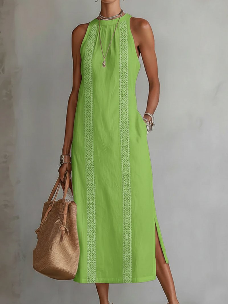 Roos | Women's Embroidered Sleeveless Round Neck Midi Dress Gown for Evening