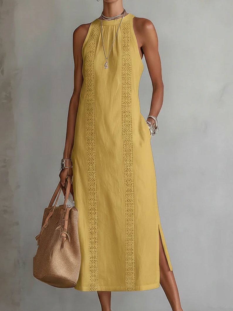Roos | Women's Embroidered Sleeveless Round Neck Midi Dress Gown for Evening