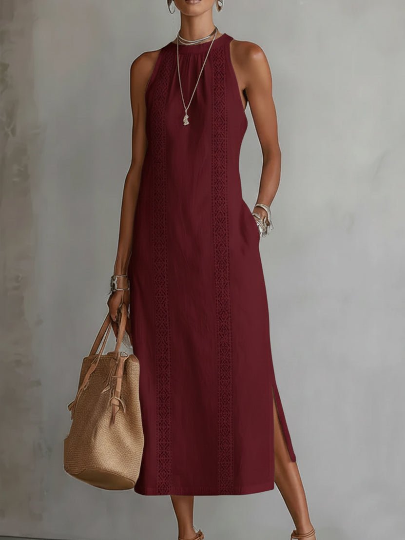 Roos | Women's Embroidered Sleeveless Round Neck Midi Dress Gown for Evening