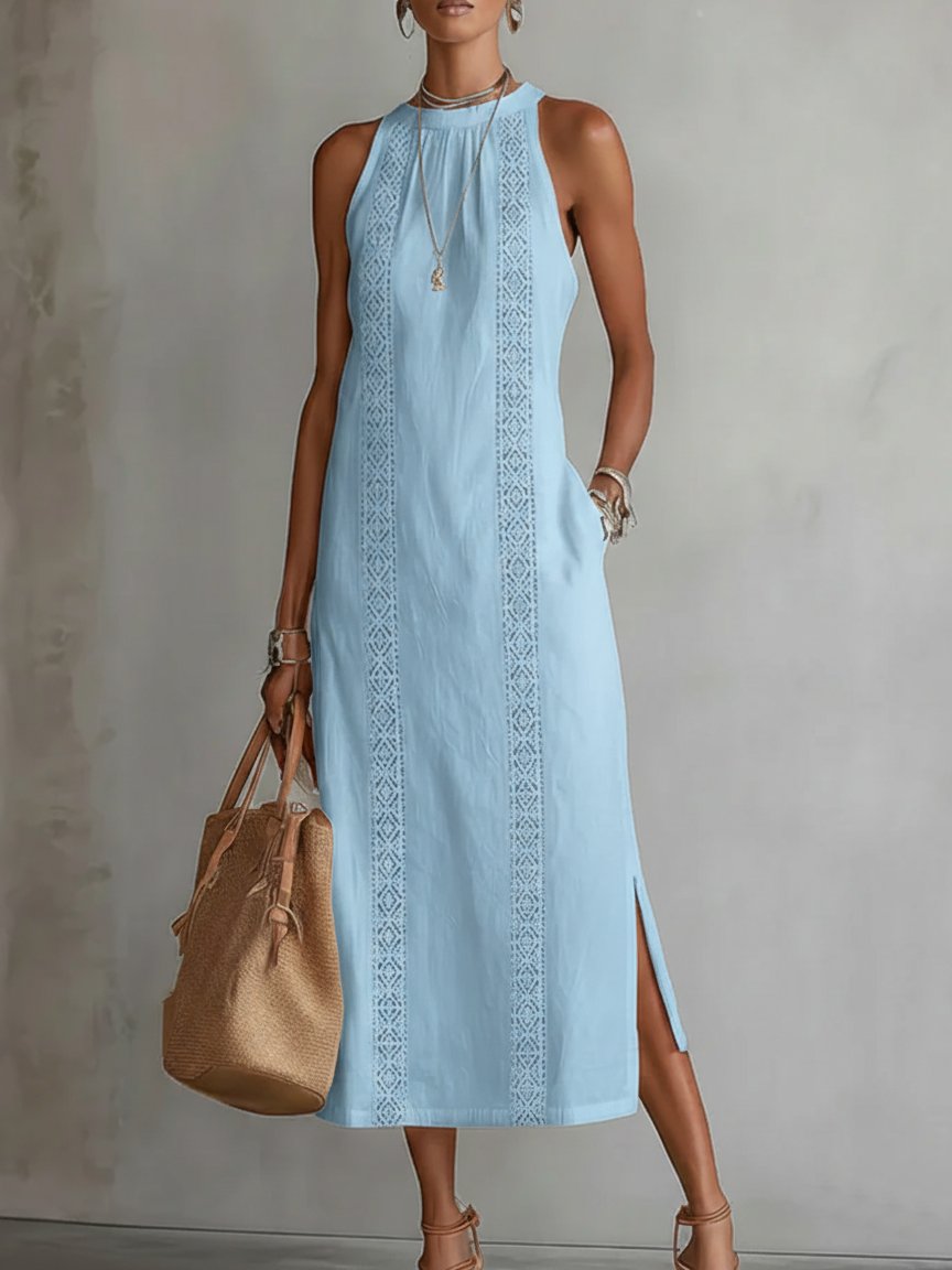 Roos | Women's Embroidered Sleeveless Round Neck Midi Dress Gown for Evening