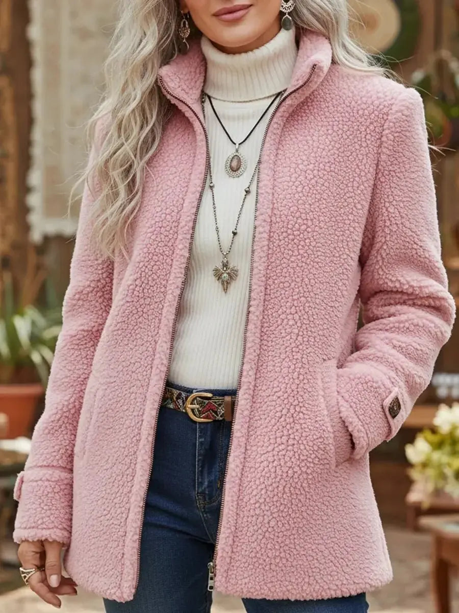 Ivy | Women's Fleece Teddy Zip Up Coat Stand Collar with Lightweight