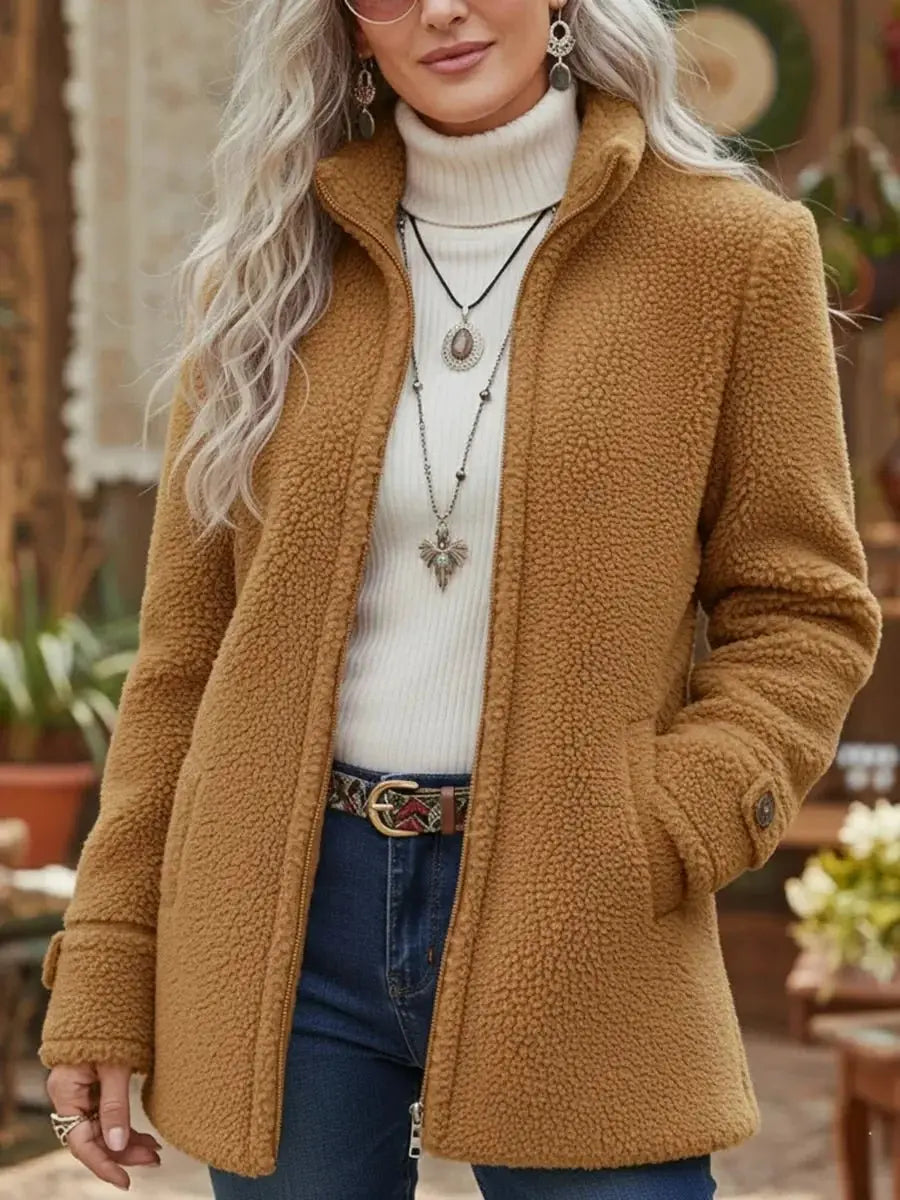 Ivy | Women's Fleece Teddy Zip Up Coat Stand Collar with Lightweight