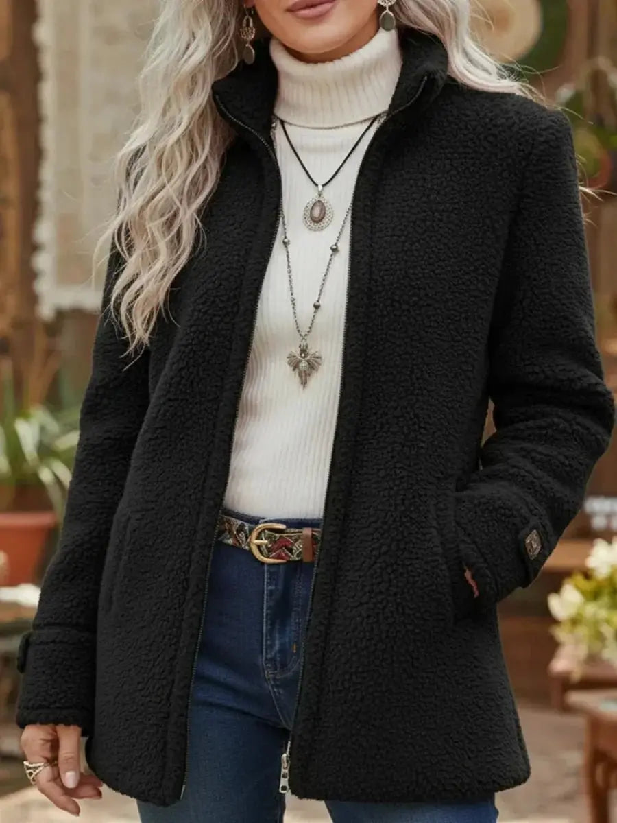 Ivy | Women's Fleece Teddy Zip Up Coat Stand Collar with Lightweight