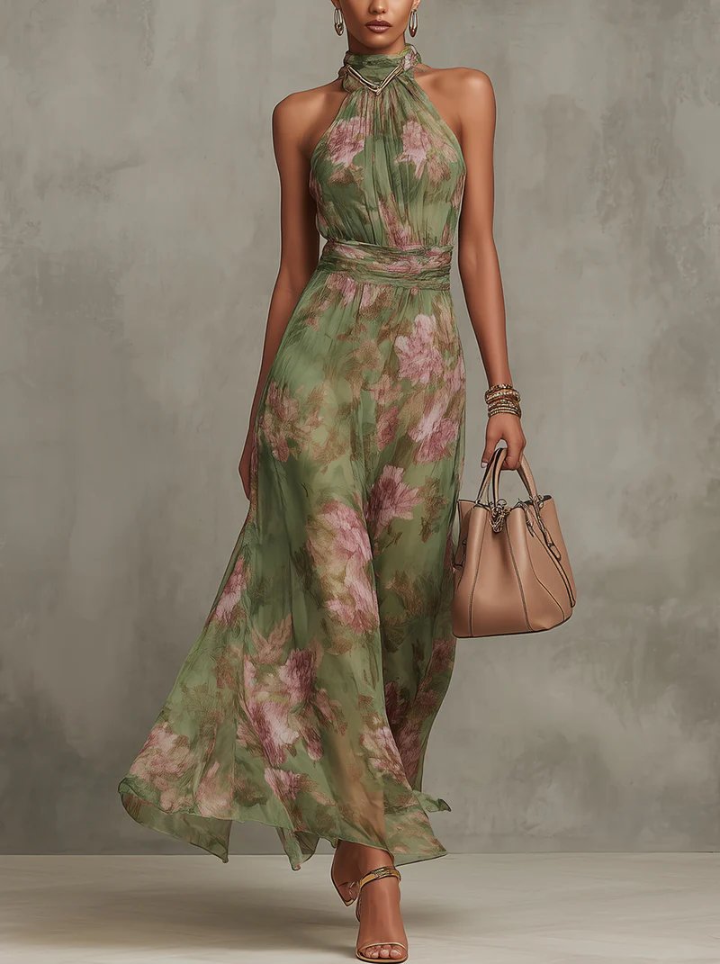 Jill | Women's Floral Halter Neck Maxi Dress Gown with Sleeveless for Evening