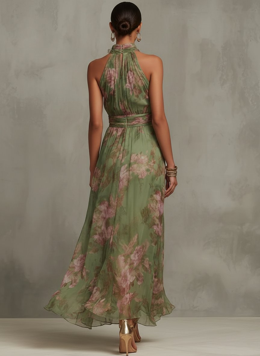 Jill | Women's Floral Halter Neck Maxi Dress Gown with Sleeveless for Evening