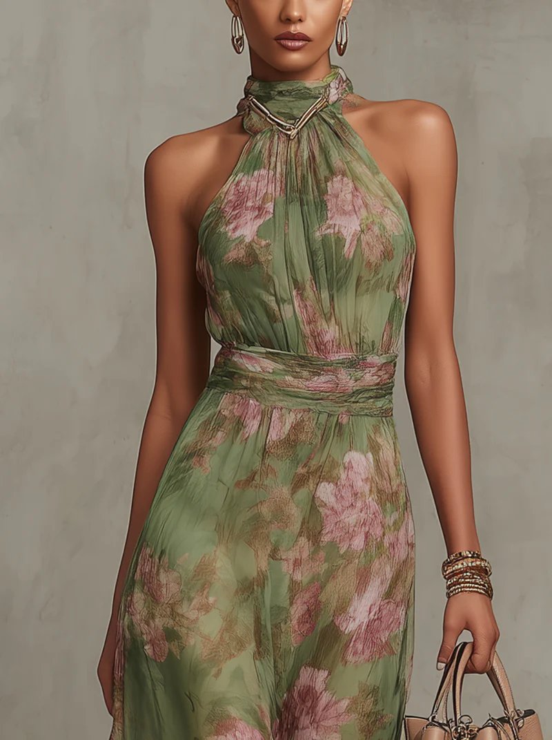 Jill | Women's Floral Halter Neck Maxi Dress Gown with Sleeveless for Evening