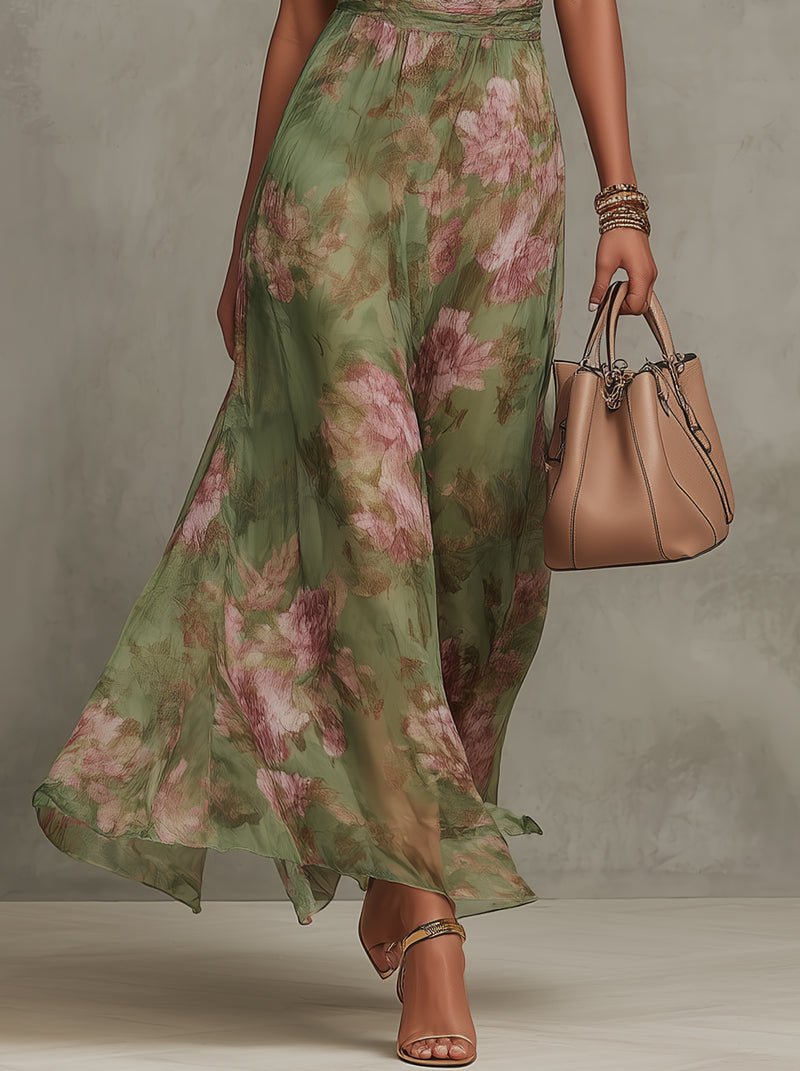 Jill | Women's Floral Halter Neck Maxi Dress Gown with Sleeveless for Evening