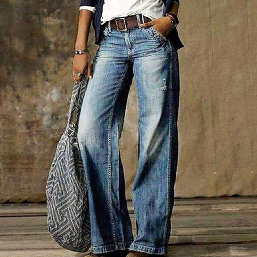 Mia | Women's High Waist Faded Denim Wide Leg Jeans with Knit for Office