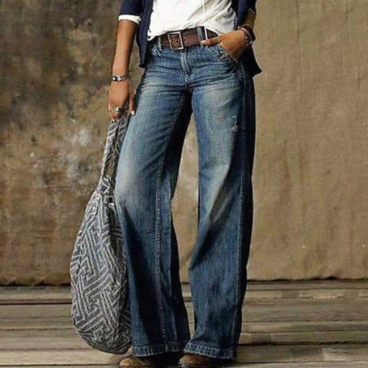 Mia | Women's High Waist Faded Denim Wide Leg Jeans with Knit for Office