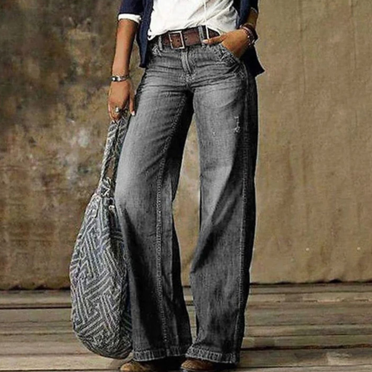 Mia | Women's High Waist Faded Denim Wide Leg Jeans with Knit for Office
