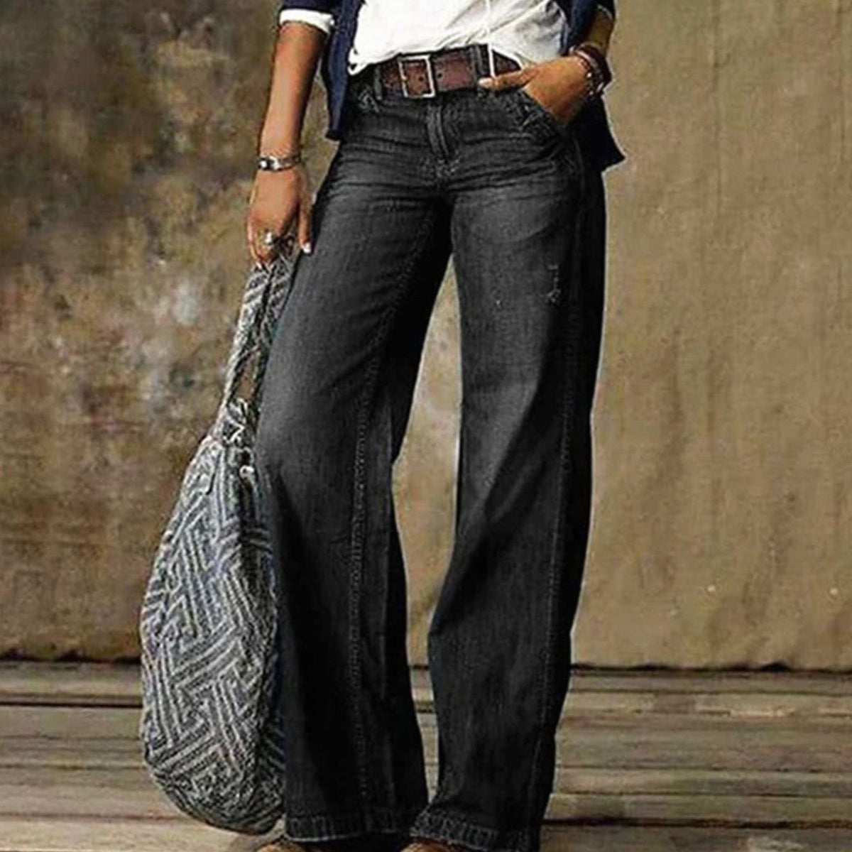 Mia | Women's High Waist Faded Denim Wide Leg Jeans with Knit for Office