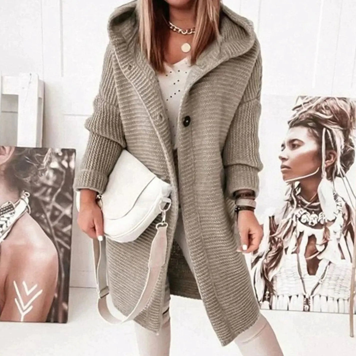 Isla | Women's Longline Hooded Cardigan Knit Sweater with Cozy for Layering