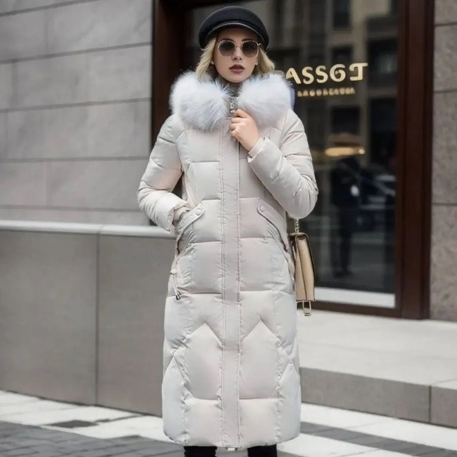 Lily | Women's Long Hooded Faux Fur Trim Quilted Coat with Longline for Winter
