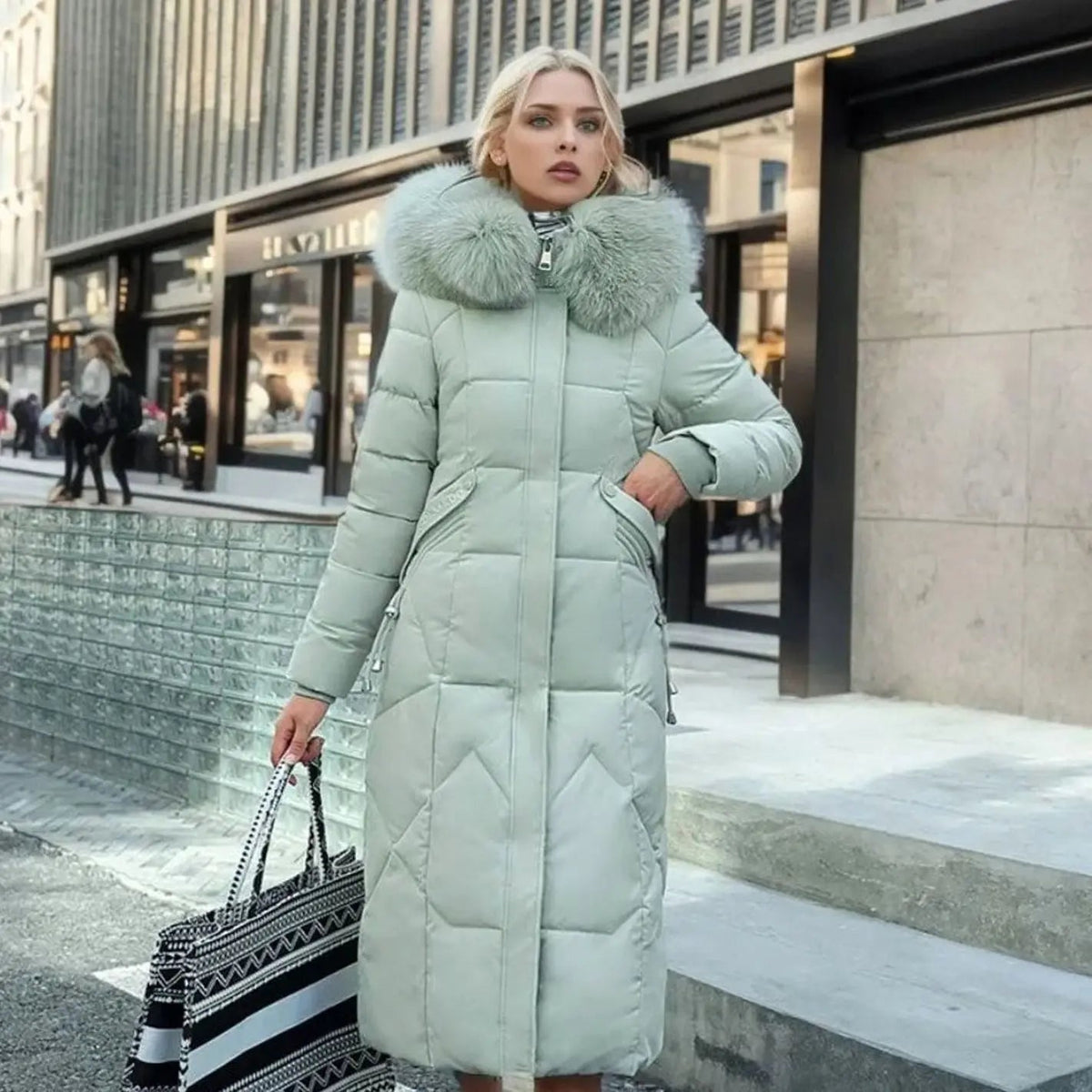 Lily | Women's Long Hooded Faux Fur Trim Quilted Coat with Longline for Winter