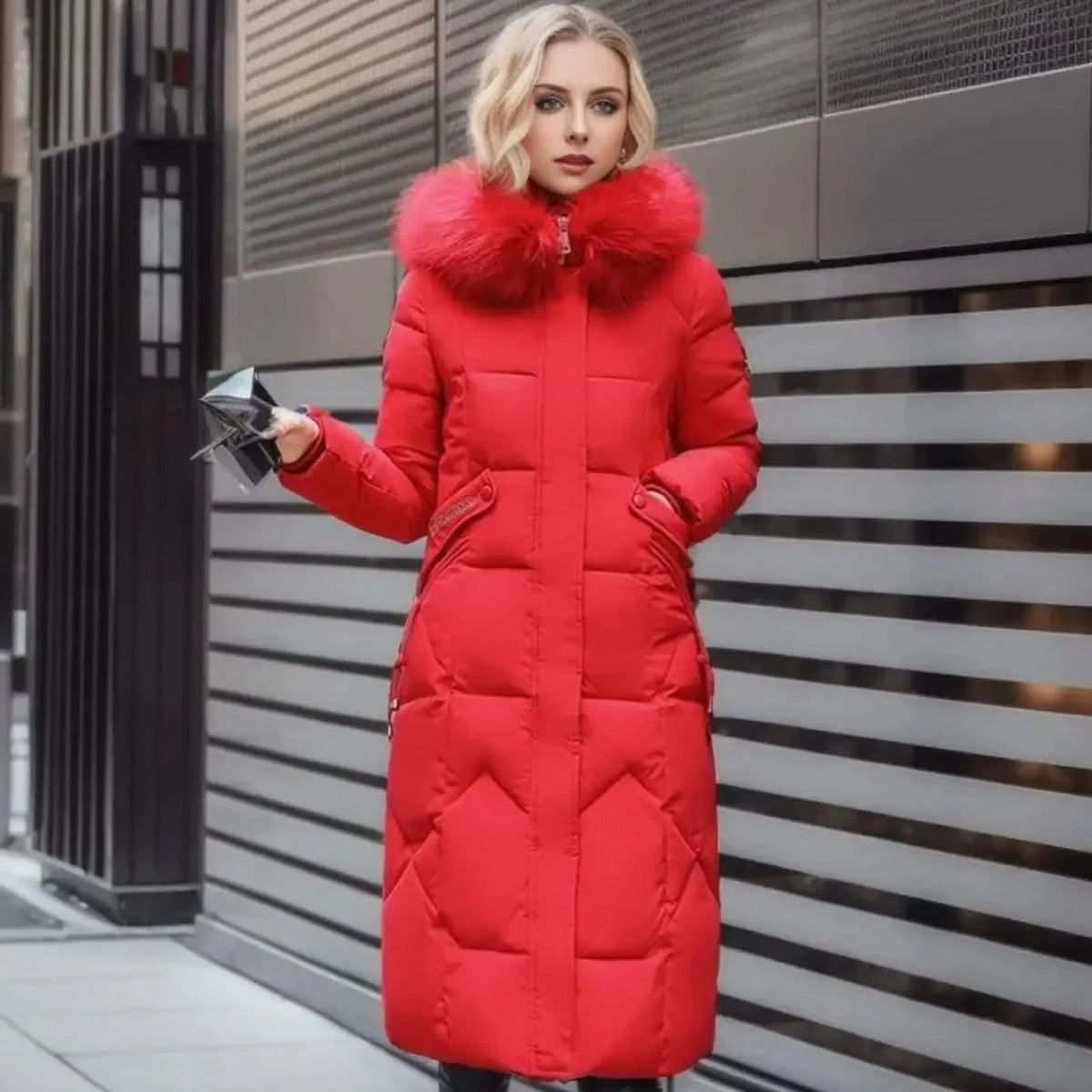 Lily | Women's Long Hooded Faux Fur Trim Quilted Coat with Longline for Winter