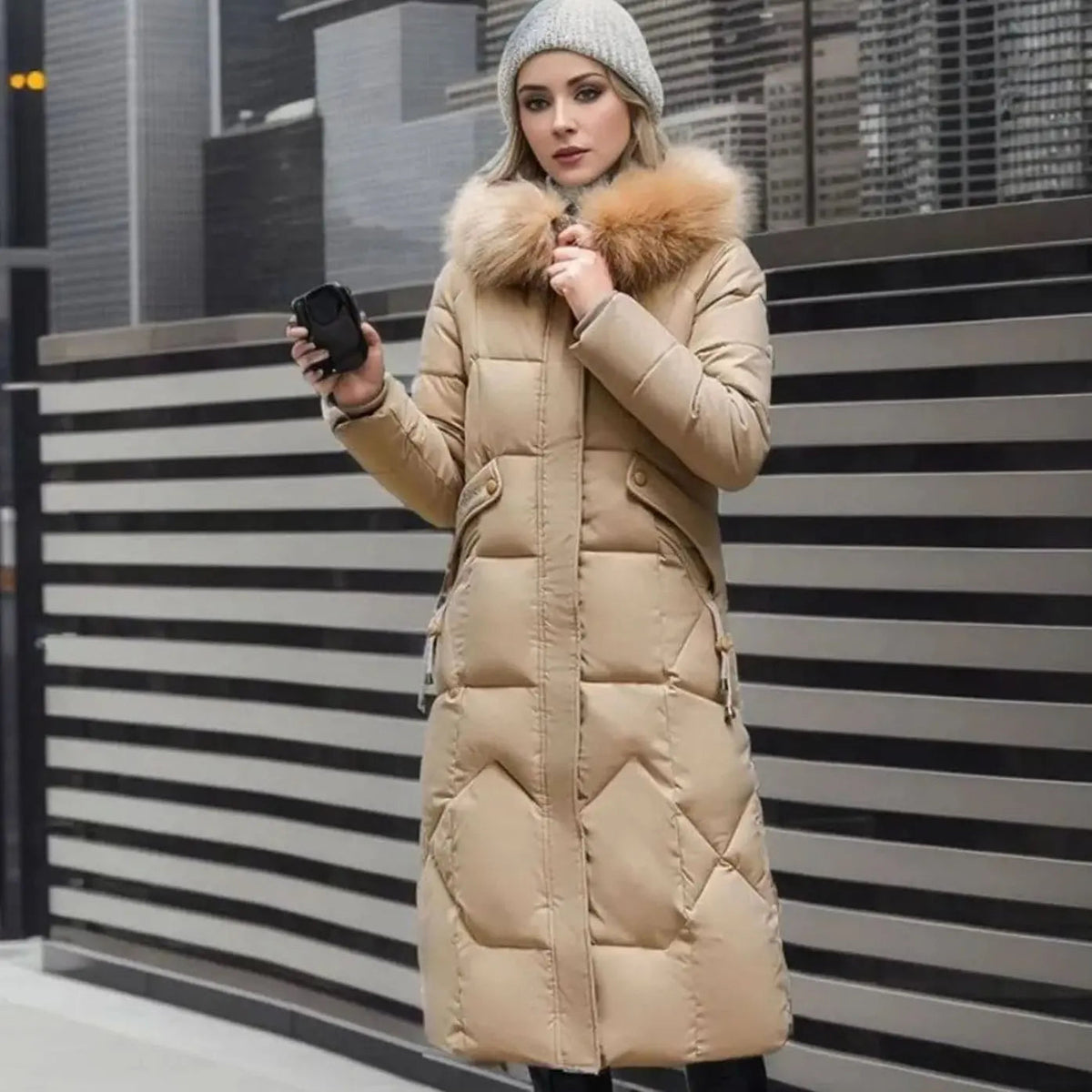 Lily | Women's Long Hooded Faux Fur Trim Quilted Coat with Longline for Winter